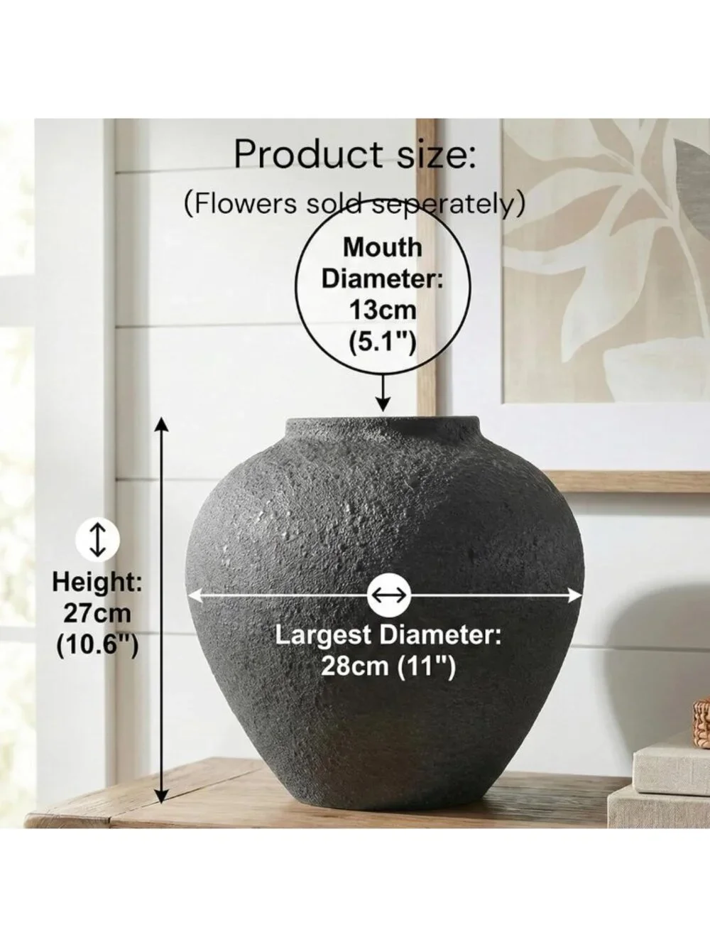 Large Rustic Black Round Vase for Home Decor, Stylish Pottery Accent Piece